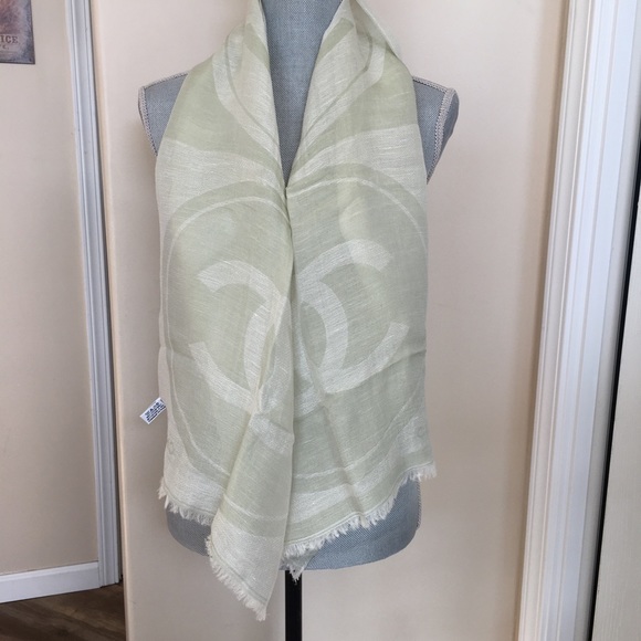 Chanel Silk Linen Blend Green Logo Scarf